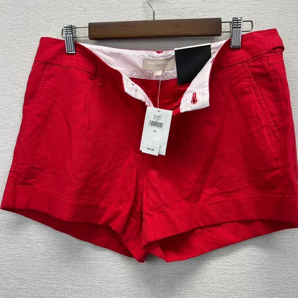 Banana Republic Martin Fit Shorts Womens 10 Red Linen Cotton Cuffed‎ Casual New